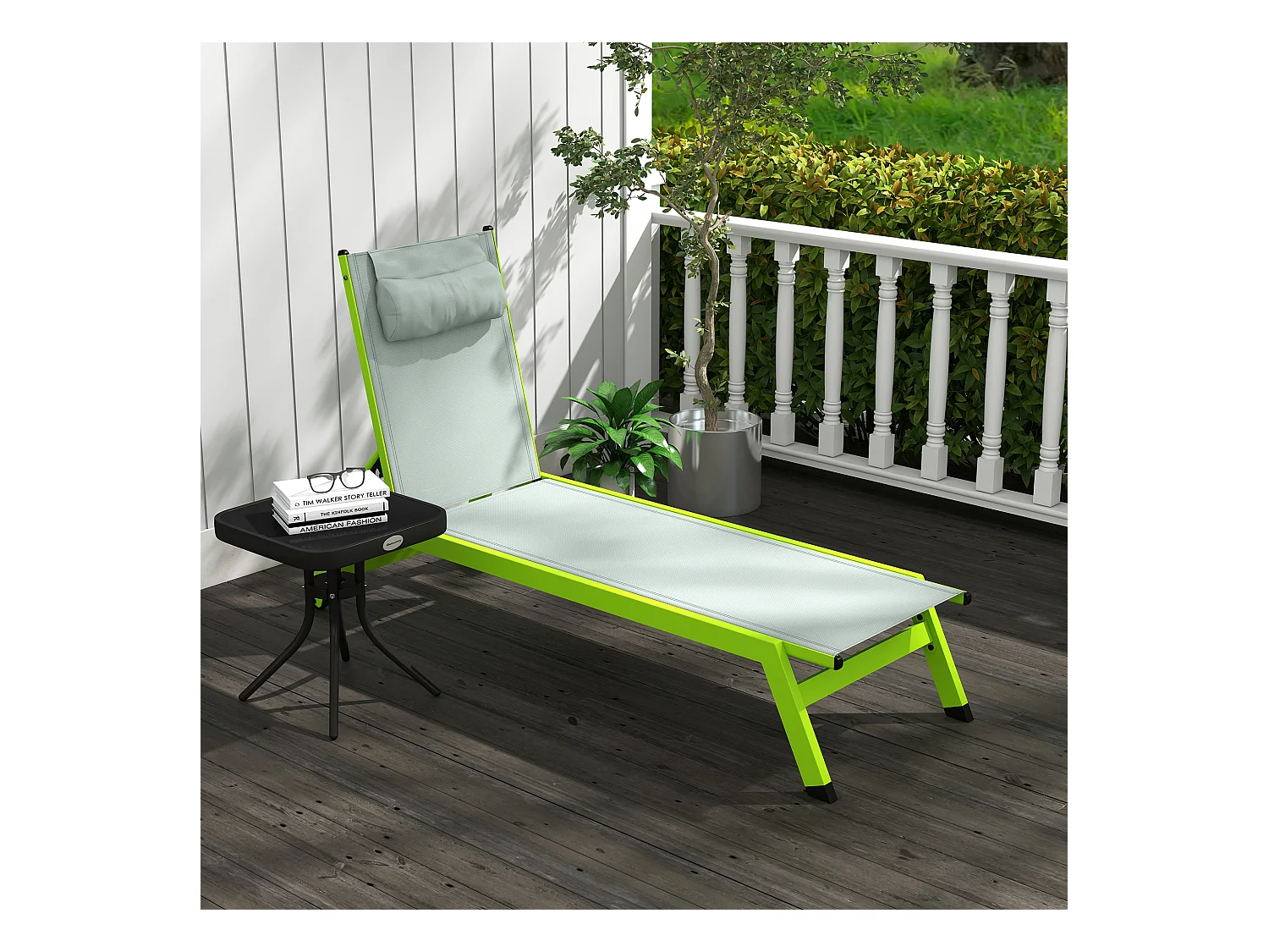 Bain de soleil transat inclinable 5 positions - tétière, 2 roulettes - alu. textilène vert
