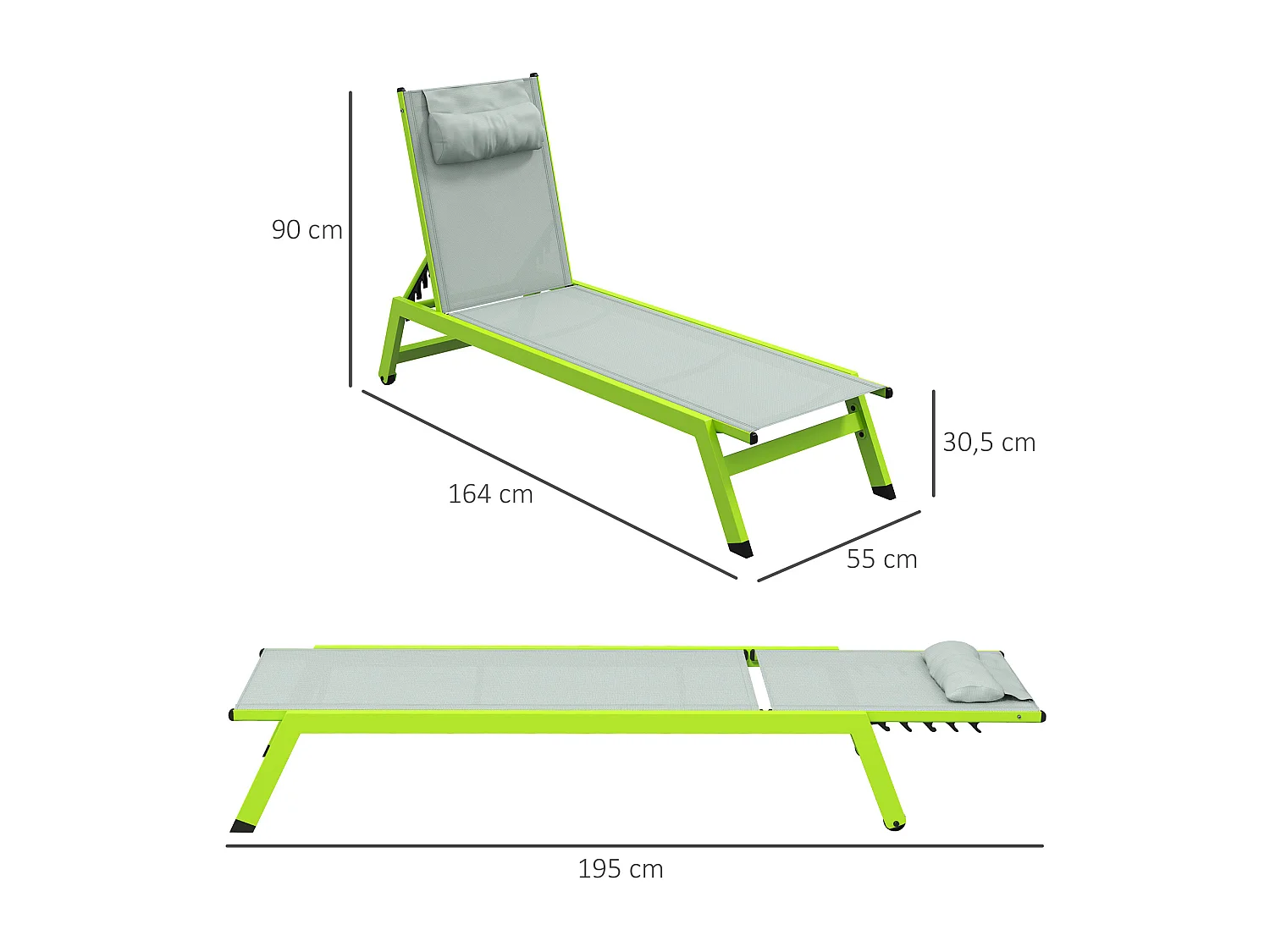 Bain de soleil transat inclinable 5 positions - tétière, 2 roulettes - alu. textilène vert