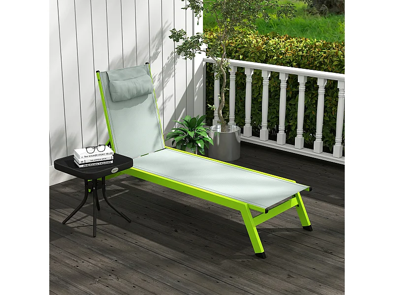 Bain de soleil transat inclinable 5 positions - tétière, 2 roulettes - alu. textilène vert