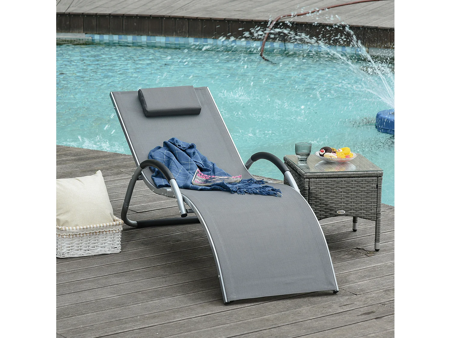 Bain de soleil transat design contemporain avec appui-tête grand confort léger aluminium textilène 160 x 60 x 65 cm gris