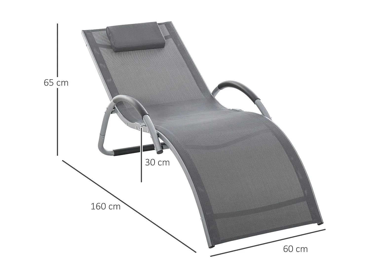 Bain de soleil transat design contemporain avec appui-tête grand confort léger aluminium textilène 160 x 60 x 65 cm gris