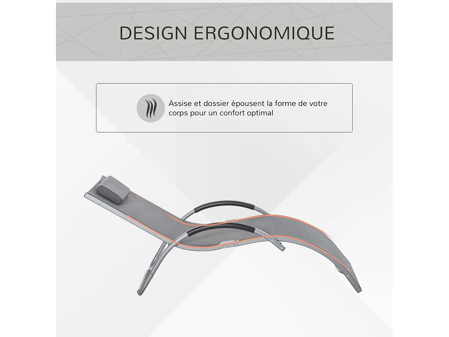 Bain de soleil transat design contemporain avec appui-tête grand confort léger aluminium textilène 160 x 60 x 65 cm gris