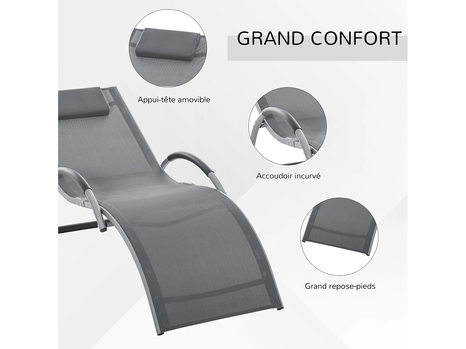 Bain de soleil transat design contemporain avec appui-tête grand confort léger aluminium textilène 160 x 60 x 65 cm gris