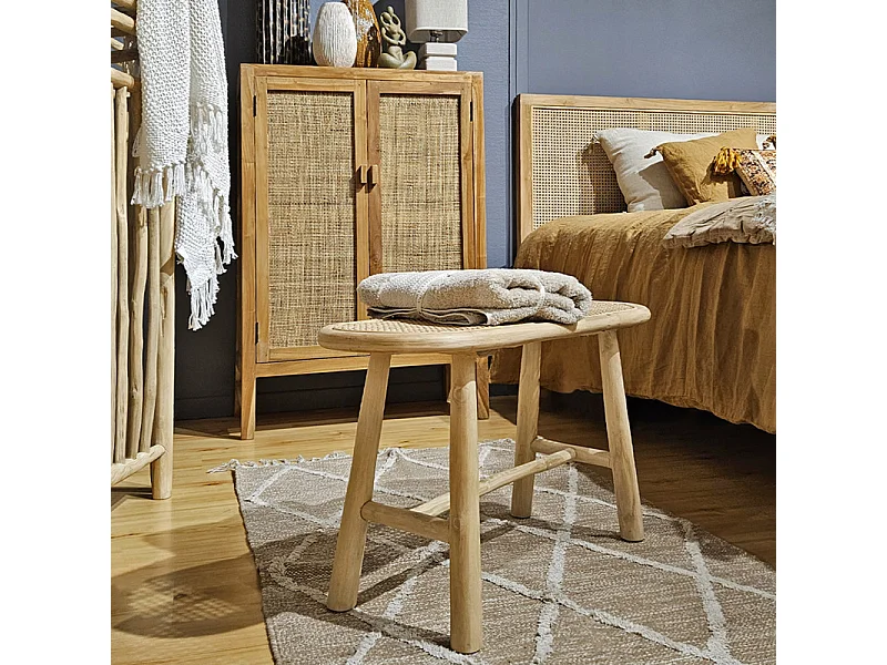 Banc / Bout de lit en teck massif avec cannage rotin L. 80 cm - BRUNO