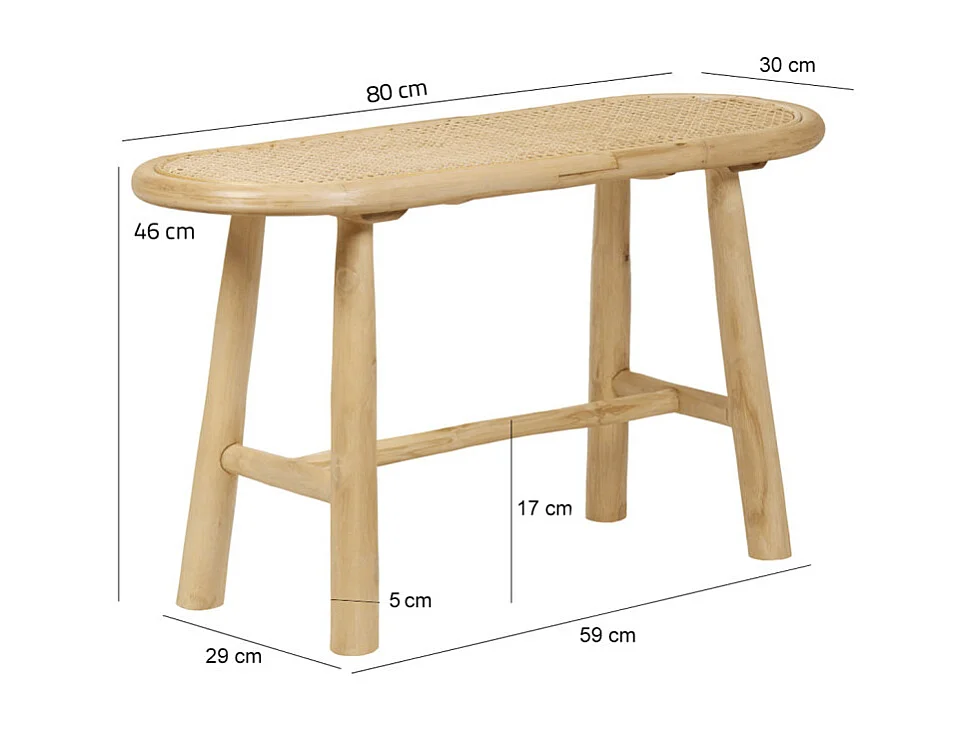Banc / Bout de lit en teck massif avec cannage rotin L. 80 cm - BRUNO