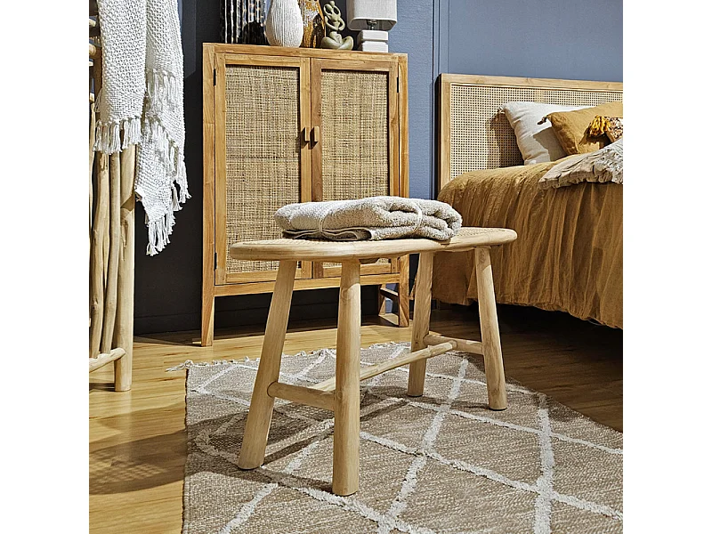 Banc / Bout de lit en teck massif avec cannage rotin L. 80 cm - BRUNO