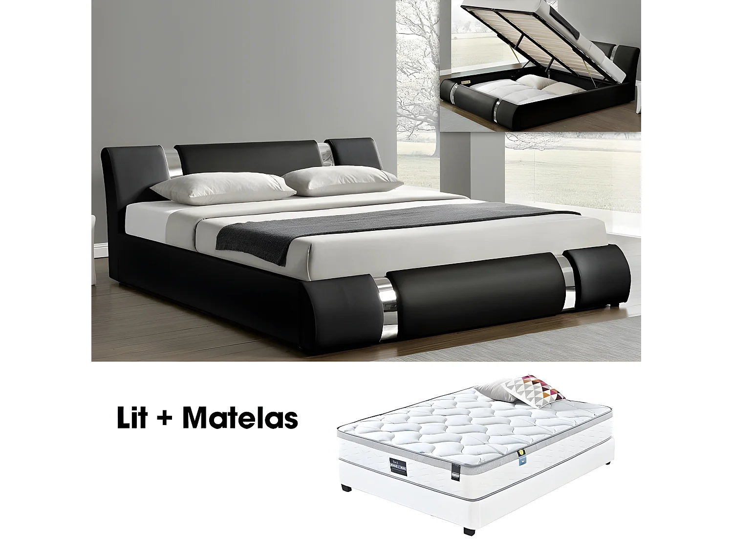 Ensemble Matelas Sommier Coffre Noir 140 Nova