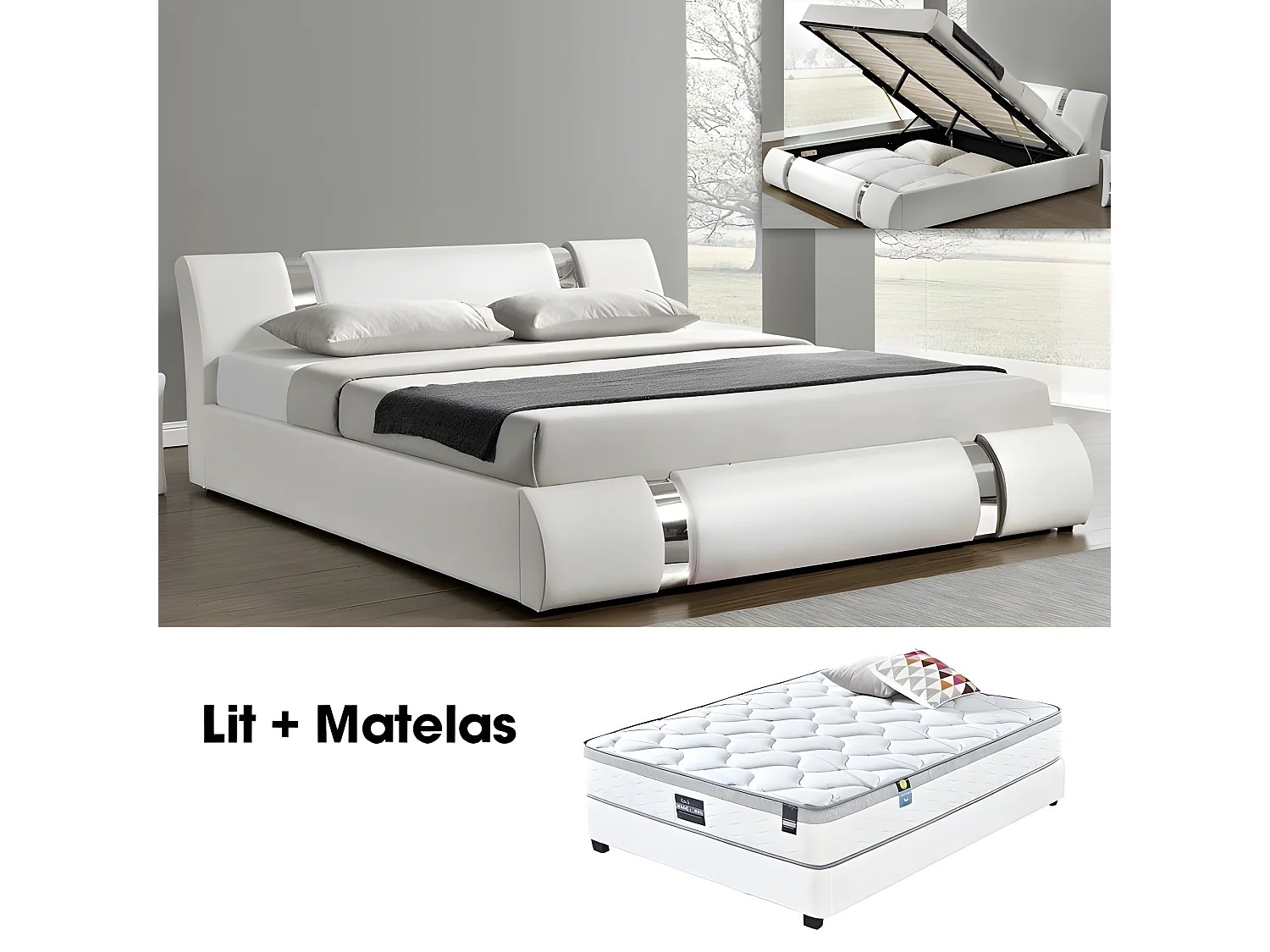 Ensemble Matelas Sommier Coffre Blanc 140 Nova