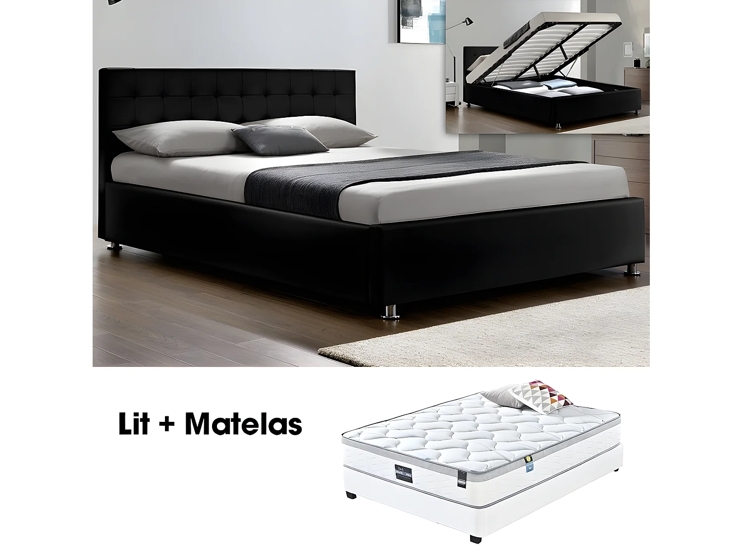 Lit Complet Capitole + Matelas Romance 140 Noir