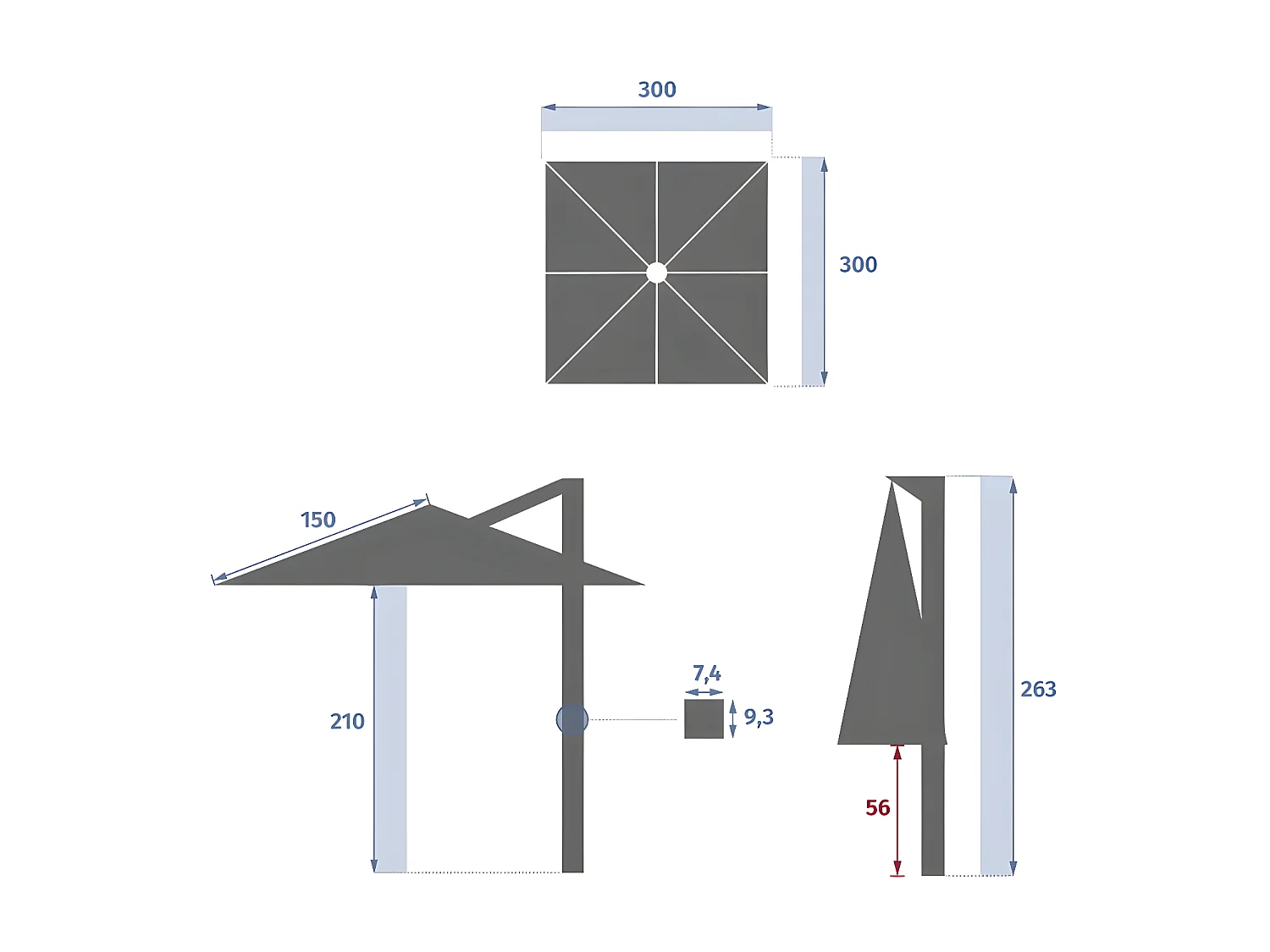 Parasol décentré Melhia 3x3 m oléfine anthracite Hespéride