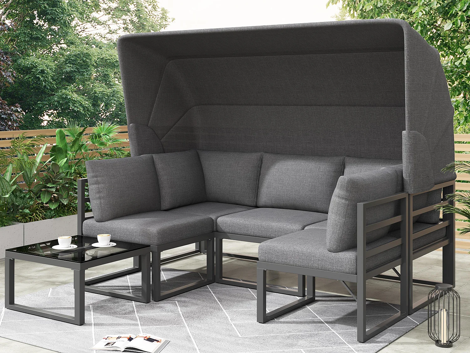 Multifunctioneel ijzeren tuinmeubel - Loungebank met verstelbare luifel - 5 zitplaatsen en 1 salontafel - Grijs