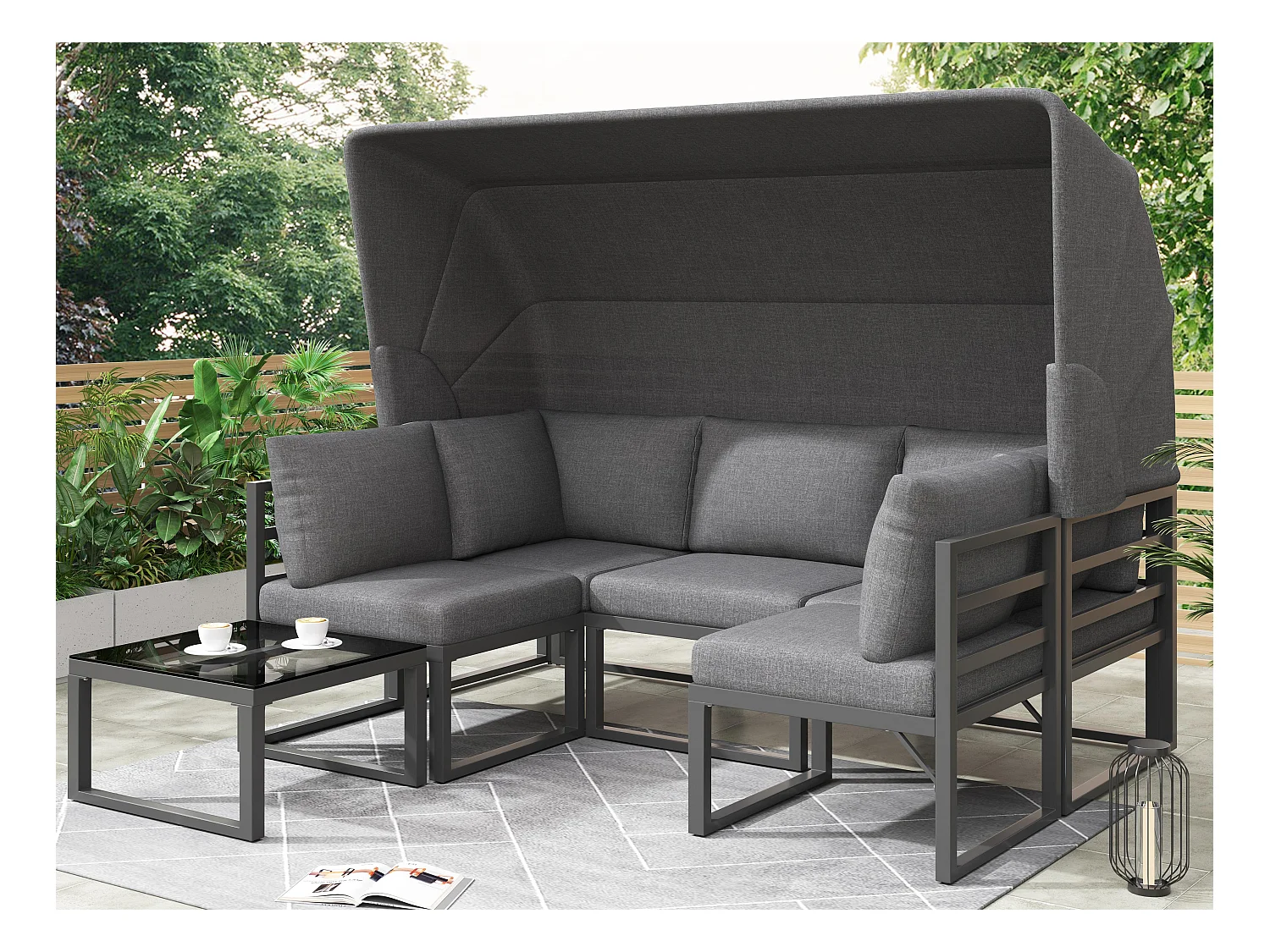Multifunctioneel ijzeren tuinmeubel - Loungebank met verstelbare luifel - 5 zitplaatsen en 1 salontafel - Grijs