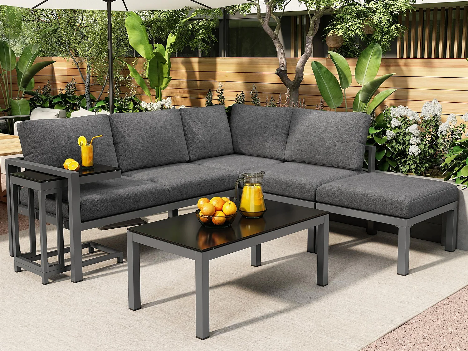 Muebles de jardín de aluminio - 2 sofás, 1 taburete y 2 mesas de centro - con todos los cojines - Gris