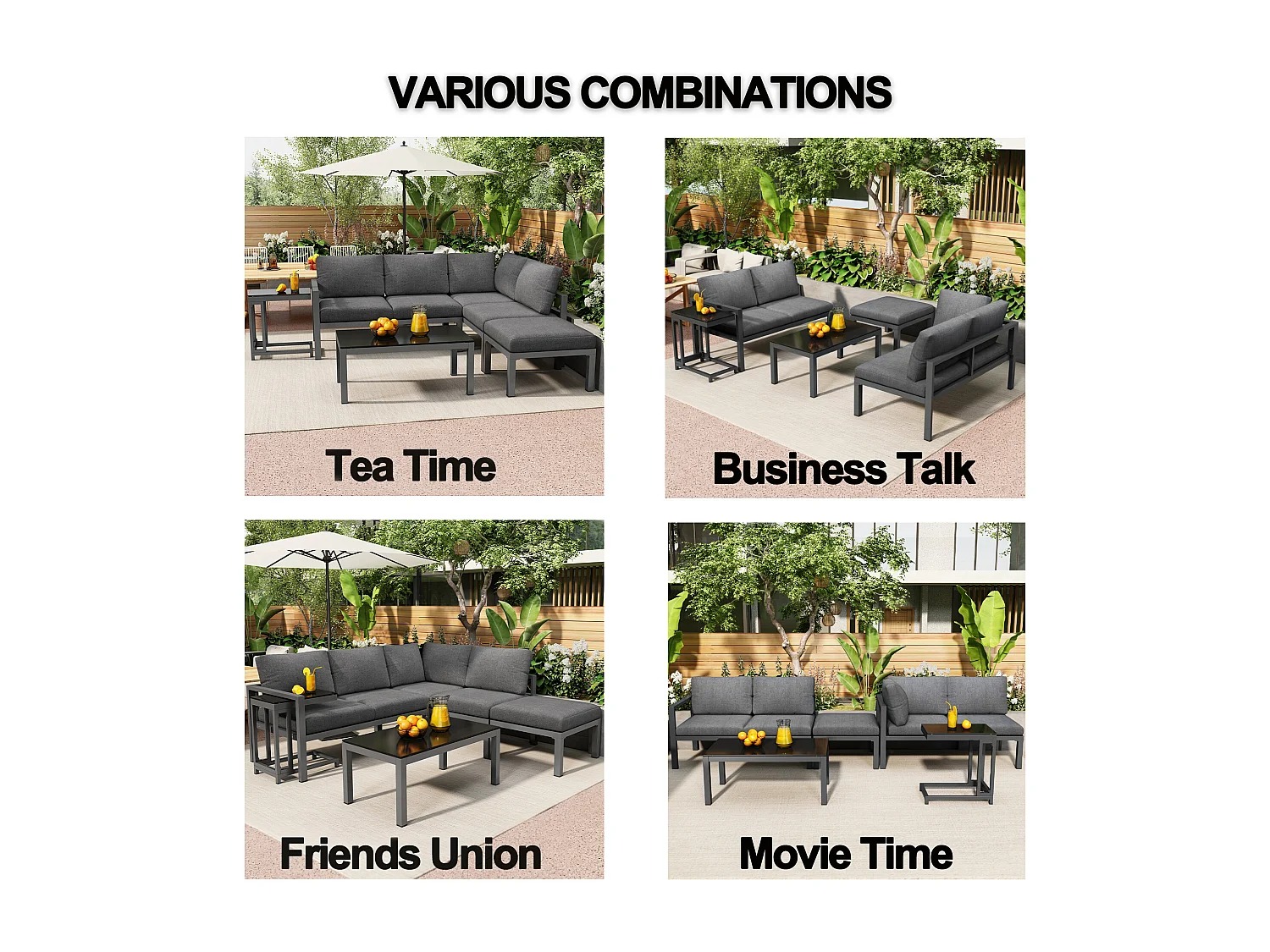 Muebles de jardín de aluminio - 2 sofás, 1 taburete y 2 mesas de centro - con todos los cojines - Gris