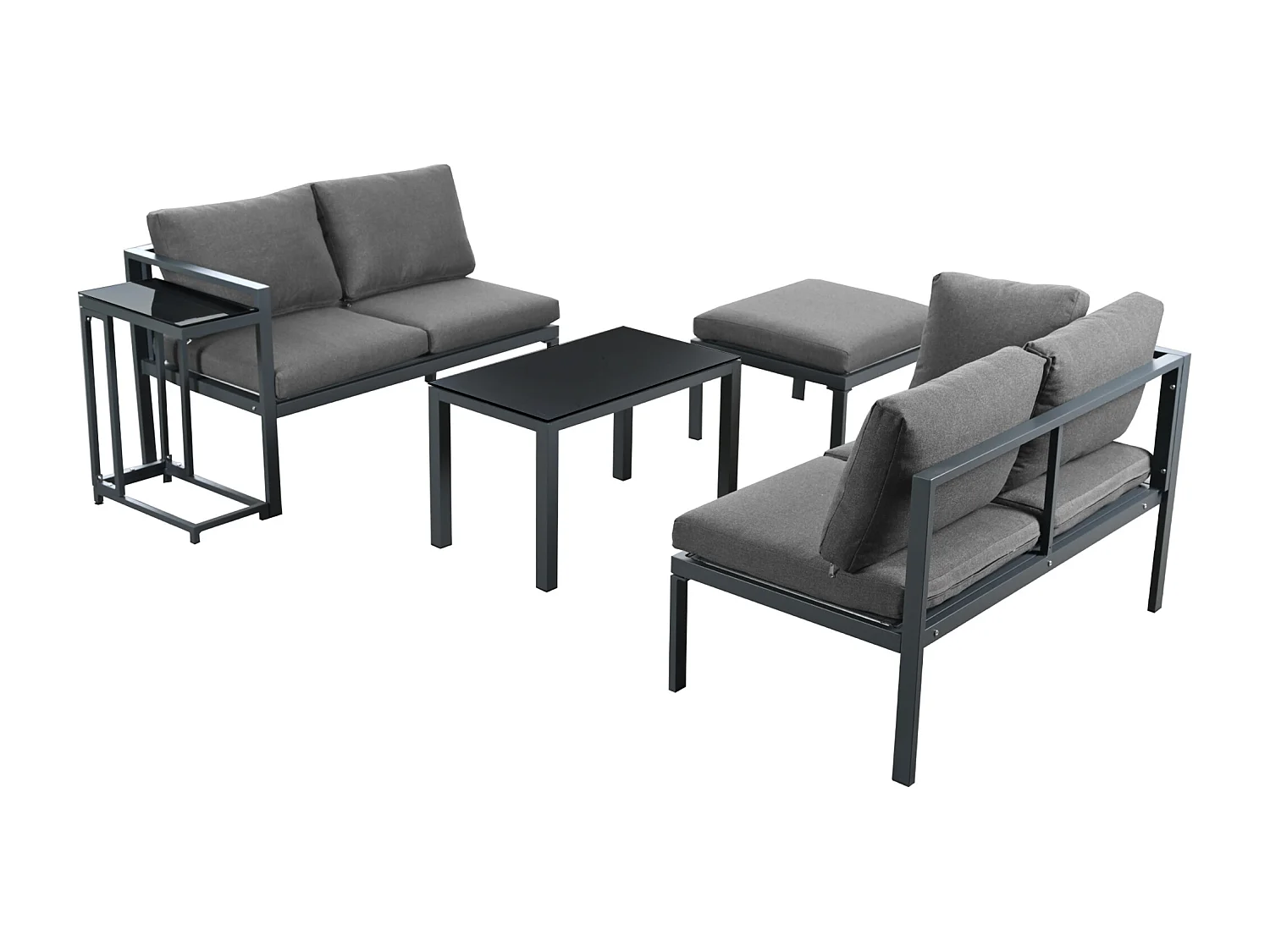 Muebles de jardín de aluminio - 2 sofás, 1 taburete y 2 mesas de centro - con todos los cojines - Gris