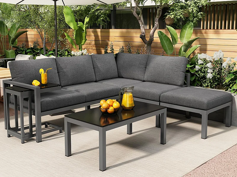 Muebles de jardín de aluminio - 2 sofás, 1 taburete y 2 mesas de centro - con todos los cojines - Gris