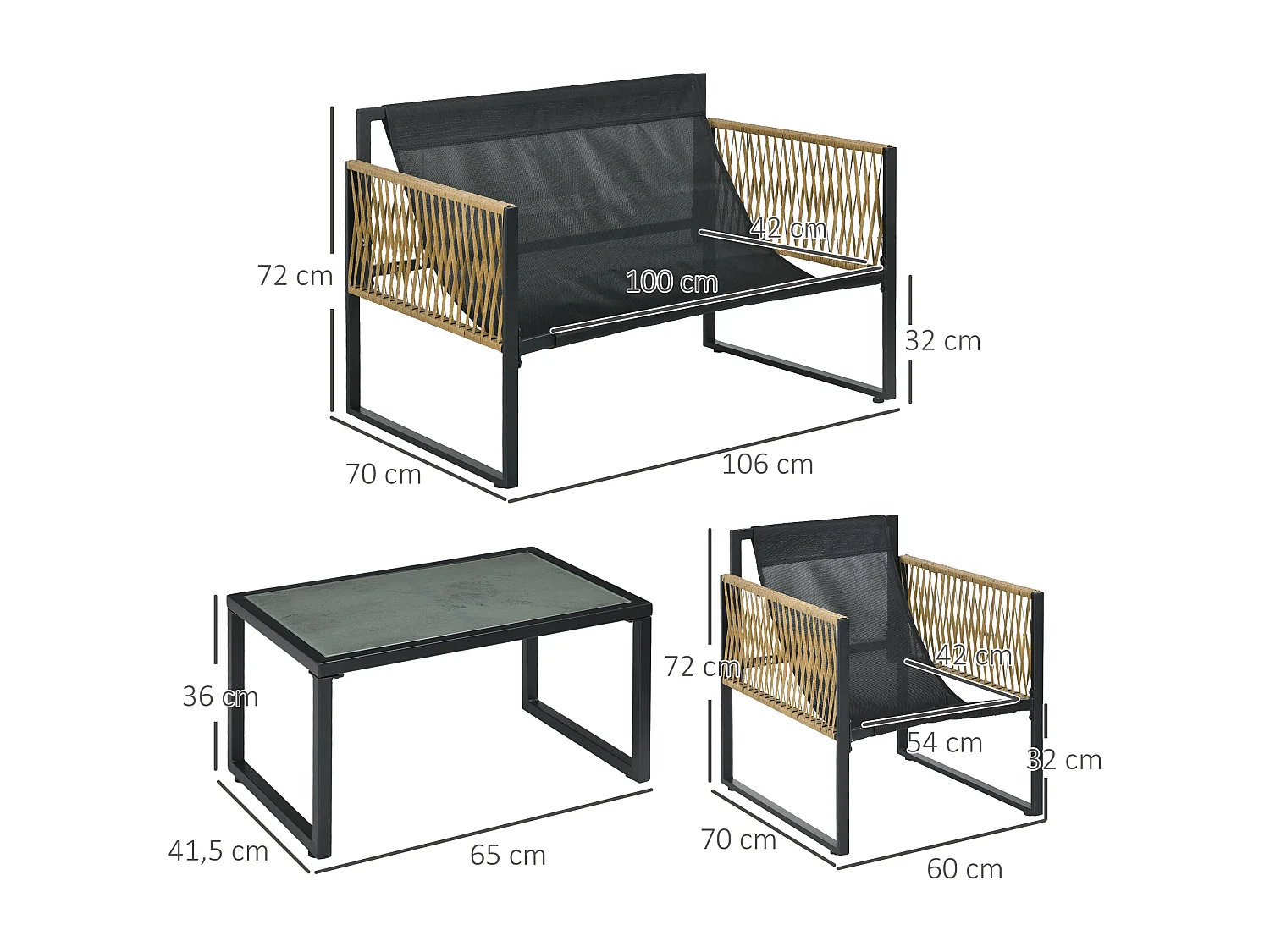 Ensemble salon de jardin  4 places 4 pièces 3 coussins acier résine gri