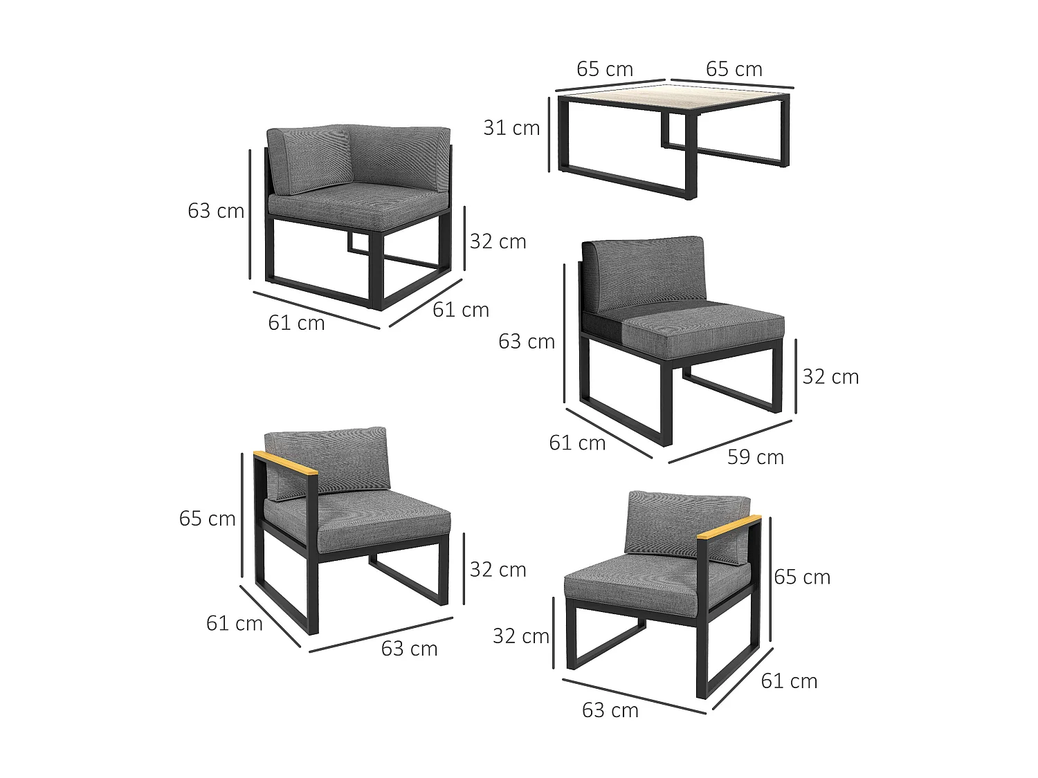 Ensemble salon de jardin d'angle 5 places design contemporain table basse coussins alu