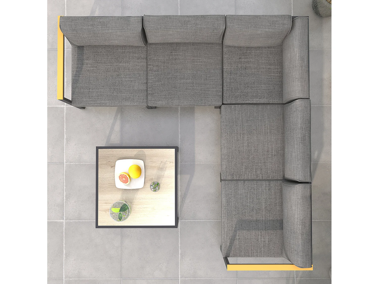 Ensemble salon de jardin d'angle 5 places design contemporain table basse coussins alu