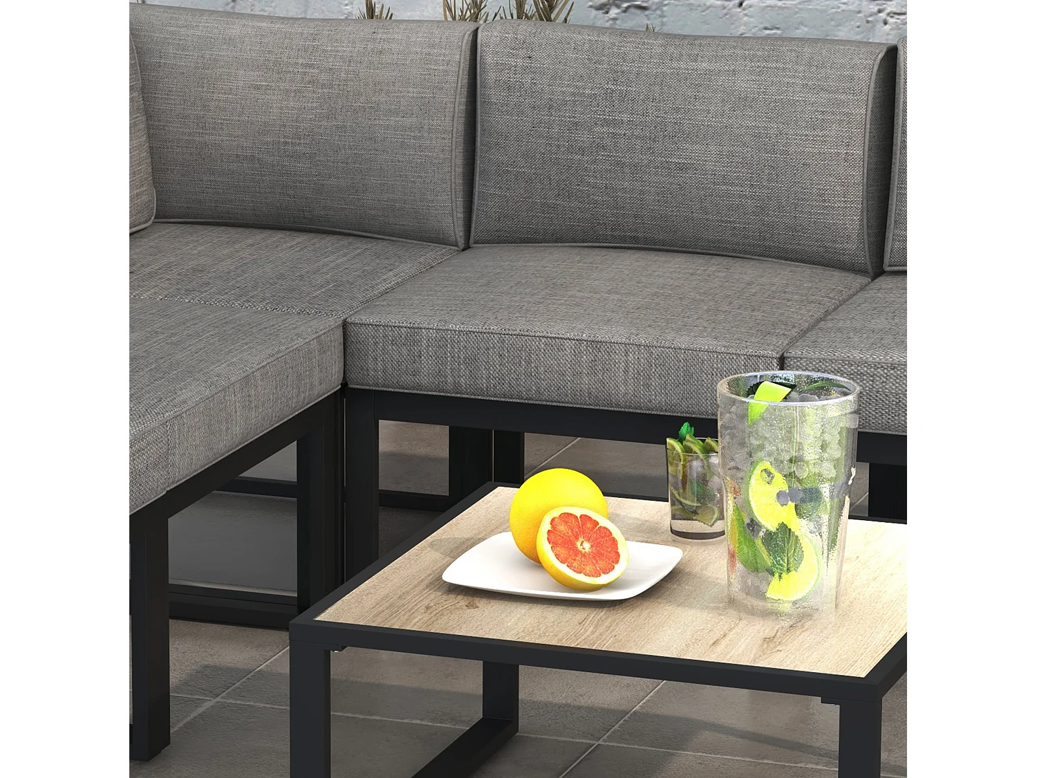 Ensemble salon de jardin d'angle 5 places design contemporain table basse coussins alu