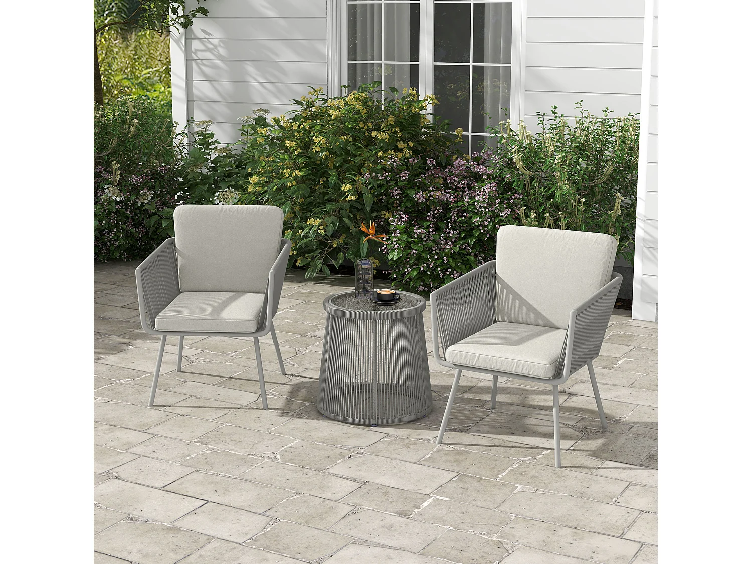 Ensemble salon de jardin 3 pièces style colonial 2 fauteuils avec coussins + table basse résine filaire gris