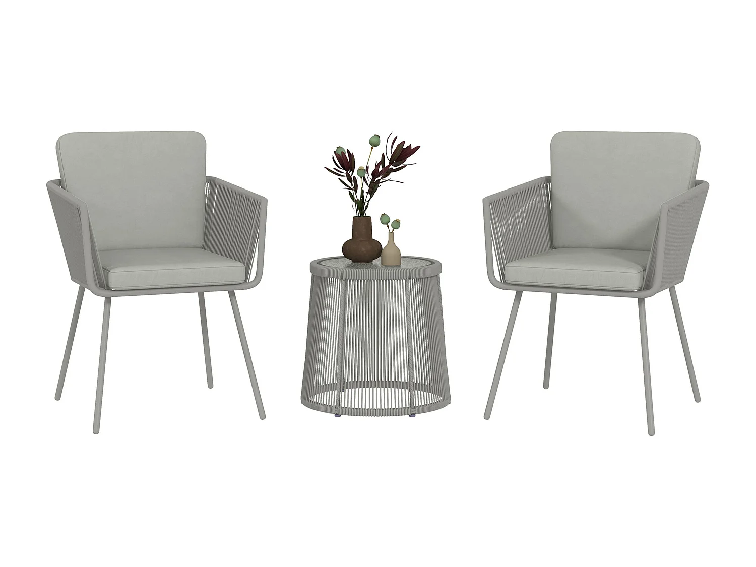 Ensemble salon de jardin 3 pièces style colonial 2 fauteuils avec coussins + table basse résine filaire gris