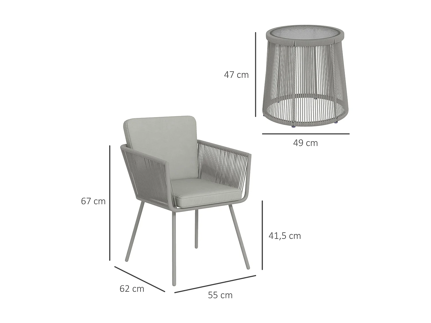 Ensemble salon de jardin 3 pièces style colonial 2 fauteuils avec coussins + table basse résine filaire gris