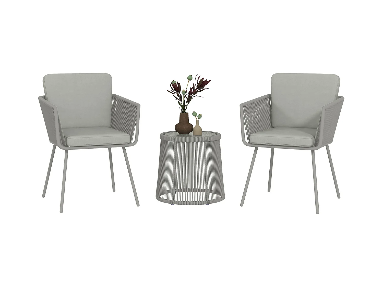 Ensemble salon de jardin 3 pièces style colonial 2 fauteuils avec coussins + table basse résine filaire gris