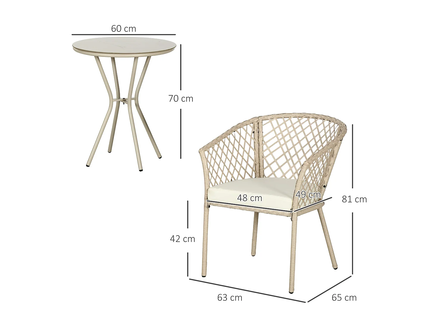 Ensemble salon de jardin 2 places 3 pièces avec coussins résine tressée beige