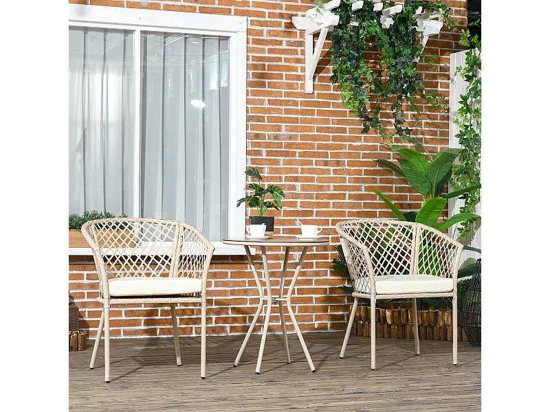 Ensemble salon de jardin 2 places 3 pièces avec coussins résine tressée beige