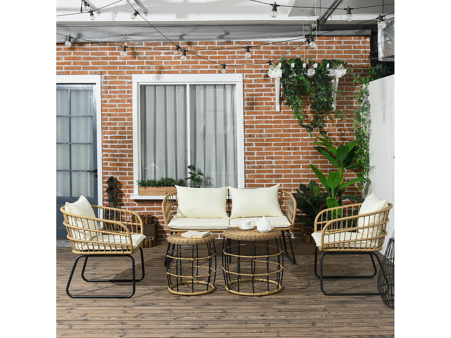 Ensemble salon de jardin 4 places 5 pièces avec coussins style bohème chic