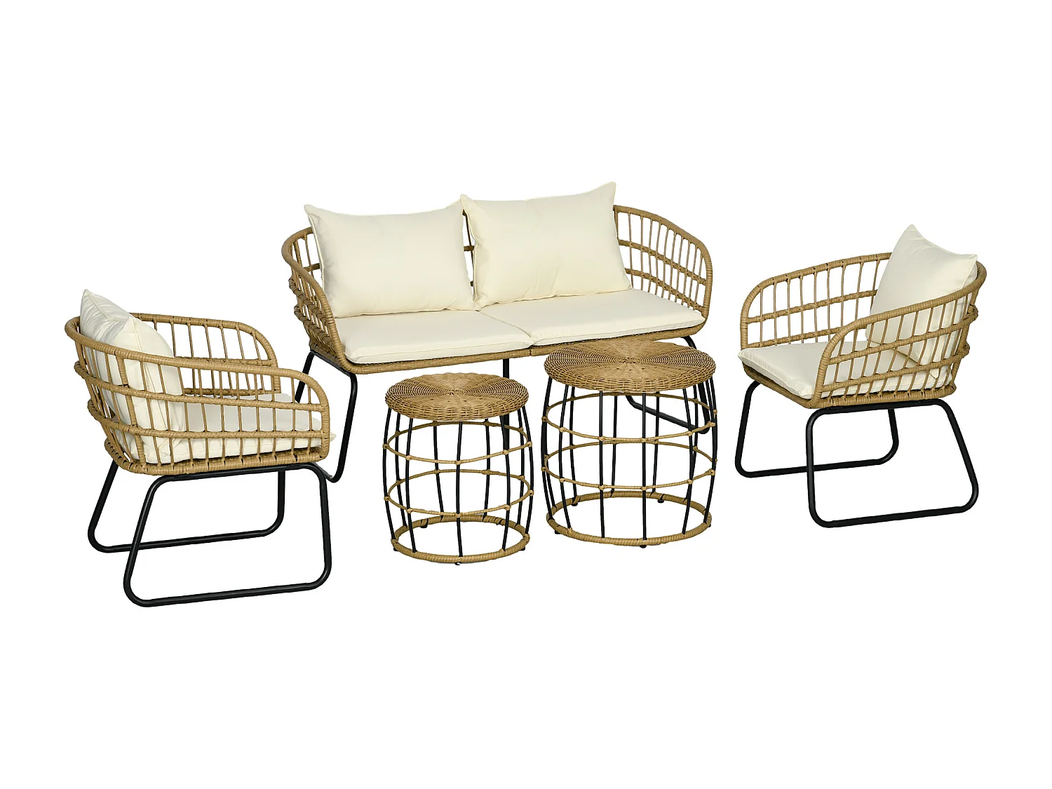 Ensemble salon de jardin 4 places 5 pièces avec coussins style bohème chic