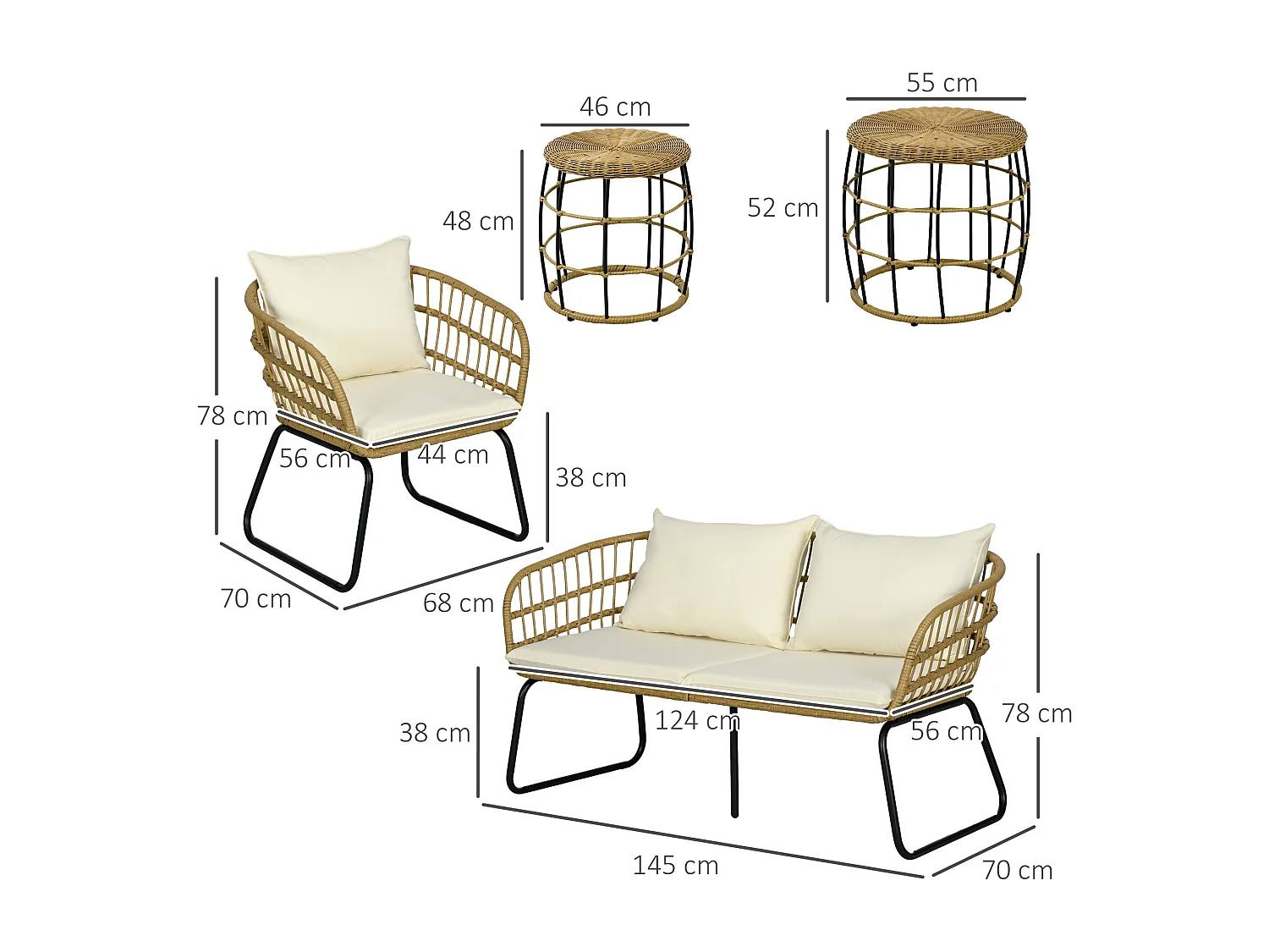 Ensemble salon de jardin 4 places 5 pièces avec coussins style bohème chic
