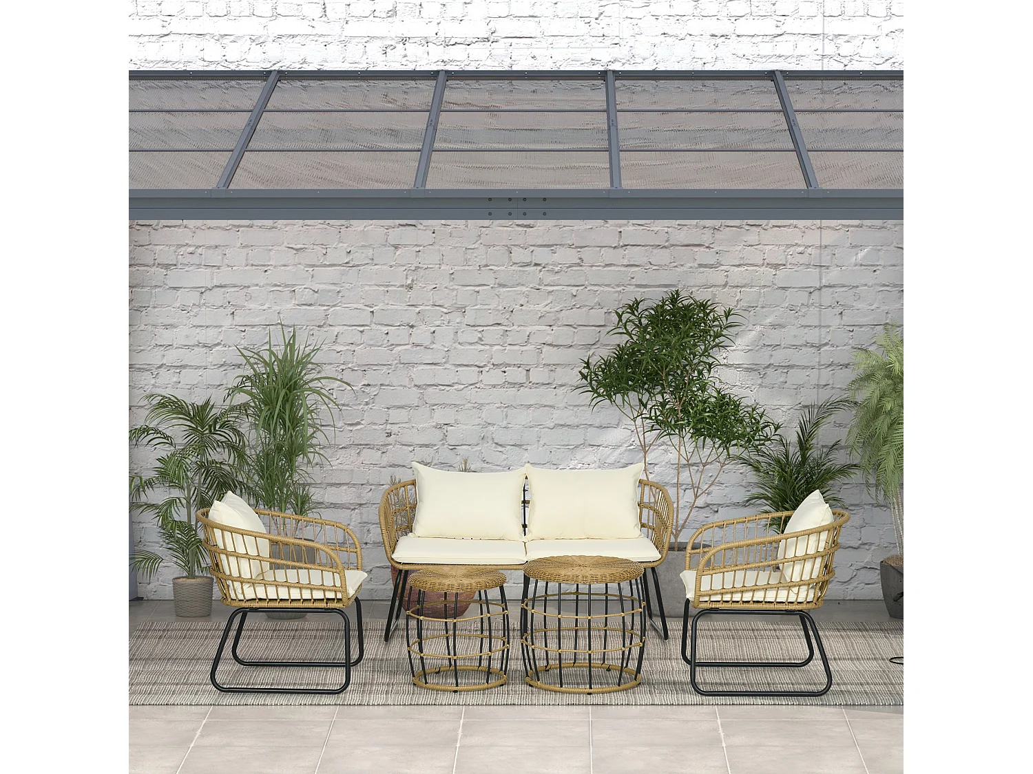 Ensemble salon de jardin 4 places 5 pièces avec coussins style bohème chic