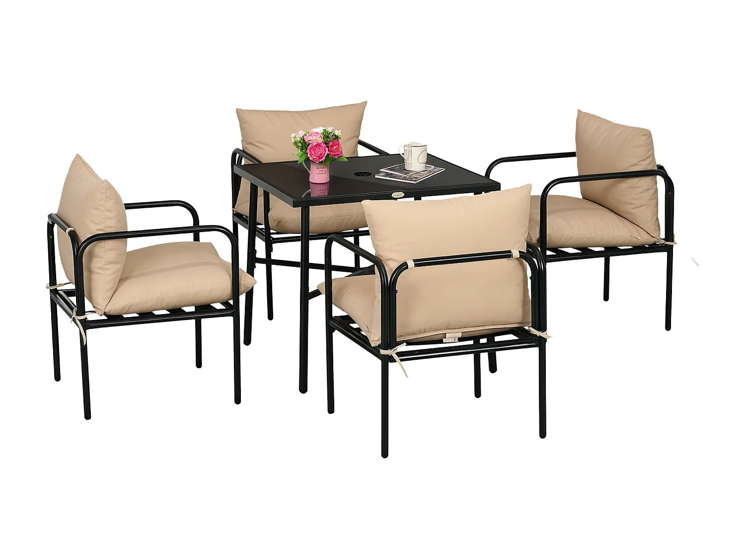 Ensemble salon de jardin 4 places 5 pièces - table à manger, 4 chaises, 4 coussins