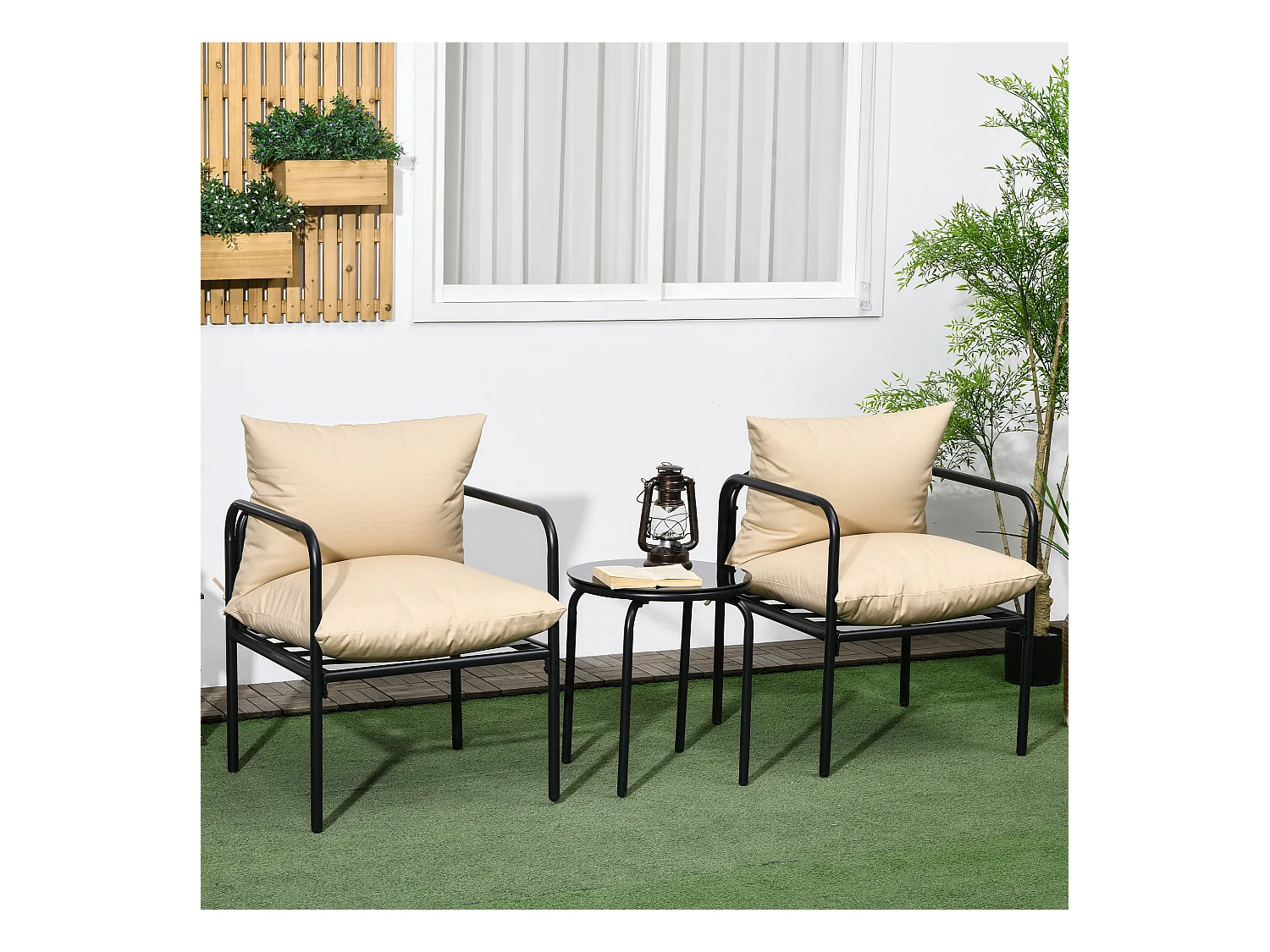 Ensemble salon de jardin 2 places 3 pièces avec coussins beige