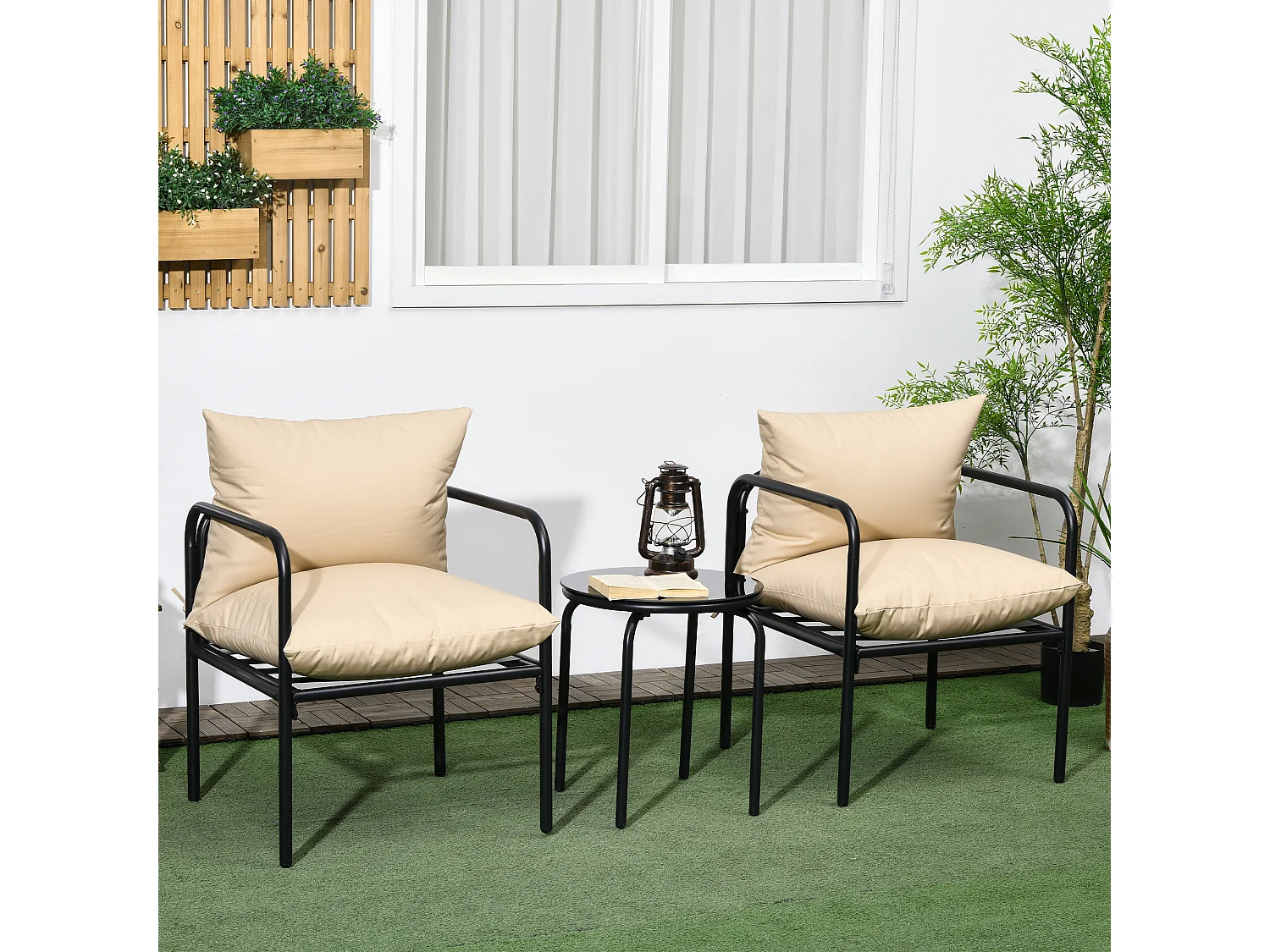 Ensemble salon de jardin 2 places 3 pièces avec coussins beige