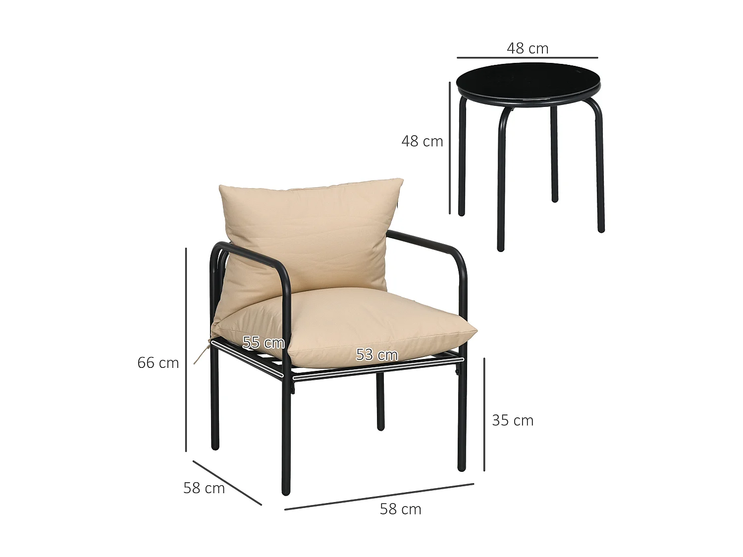 Ensemble salon de jardin 2 places 3 pièces avec coussins beige