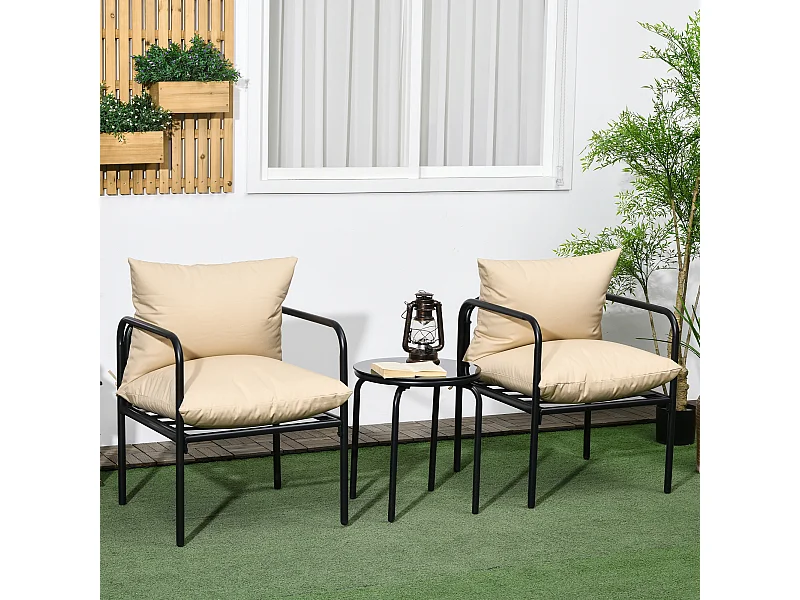 Ensemble salon de jardin 2 places 3 pièces avec coussins beige