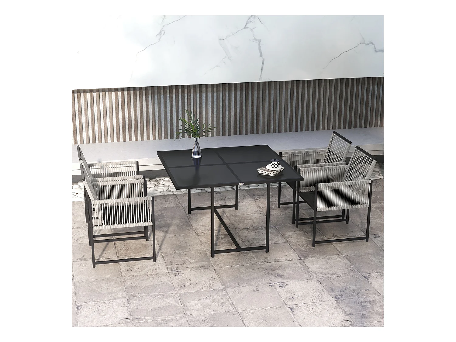 Ensemble salon de jardin design Acapulco encastrable 4 places 5 pièces noir gris