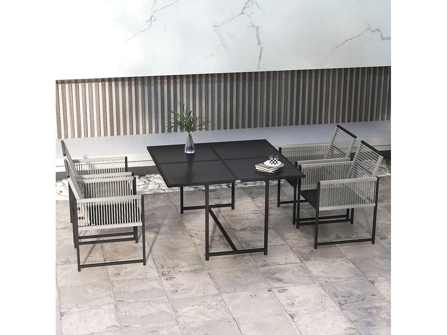 Ensemble salon de jardin design Acapulco encastrable 4 places 5 pièces noir gris