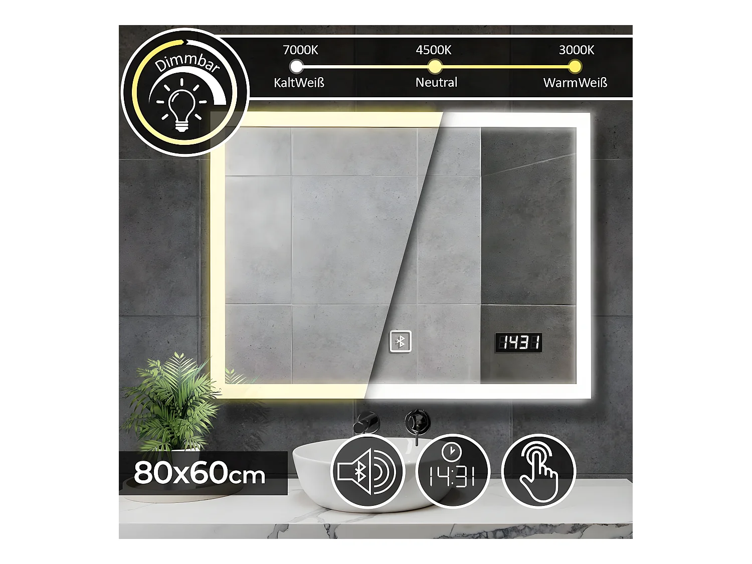 Miroir LED - 80x60 cm - avec haut-parleur Bluetooth + horloge digitale