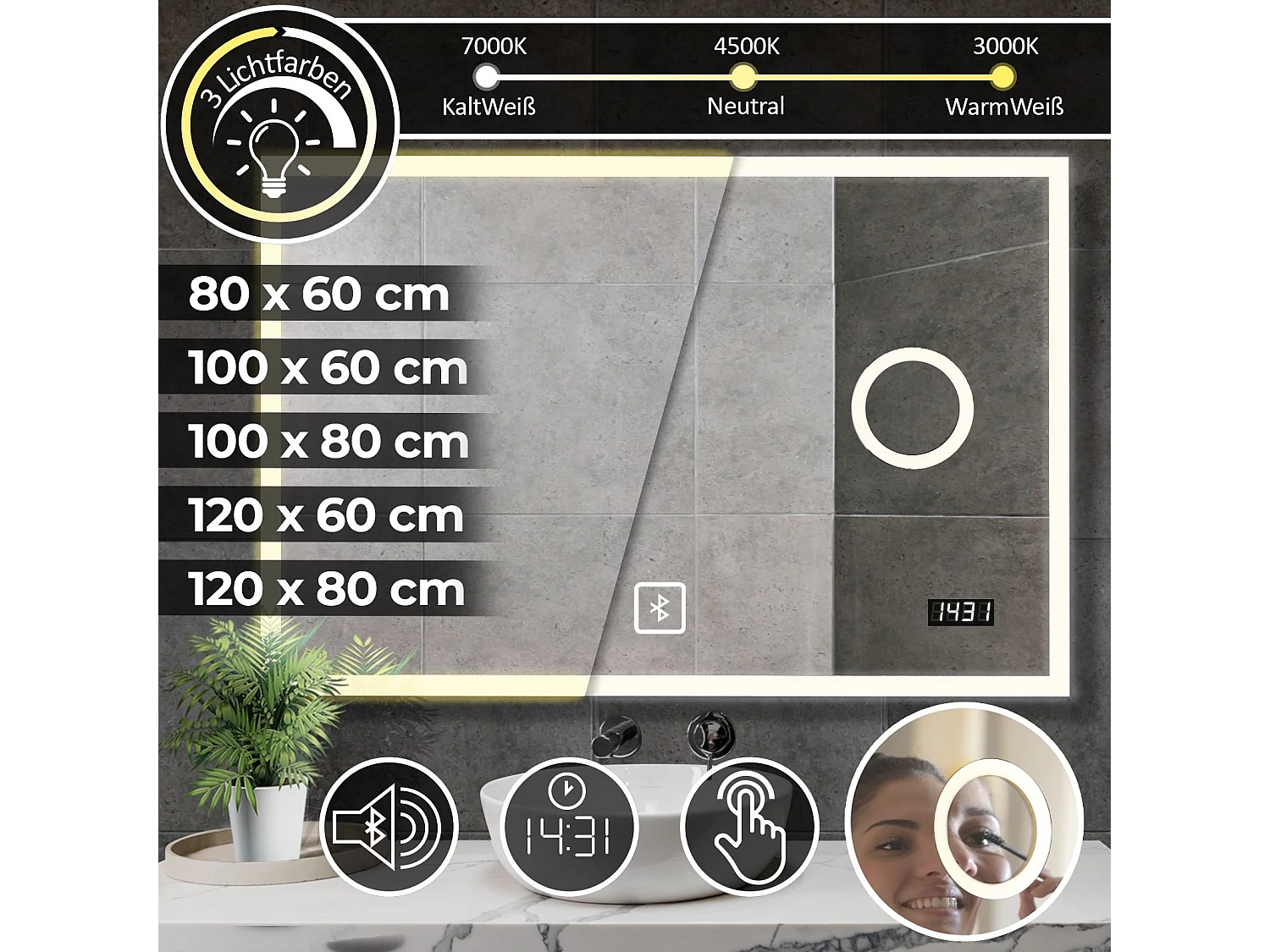 Miroir LED - 80x60 cm - avec haut-parleur Bluetooth + horloge digitale