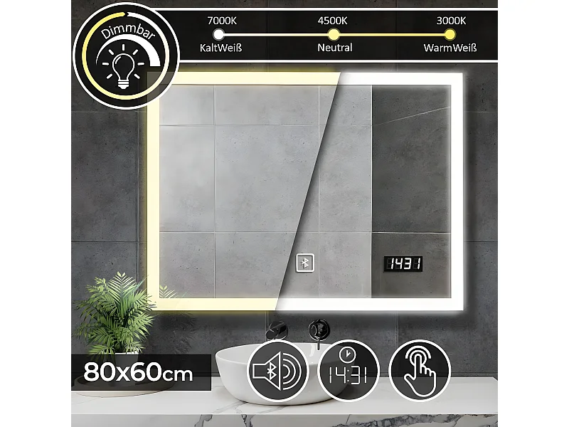 Miroir LED - 80x60 cm - avec haut-parleur Bluetooth + horloge digitale