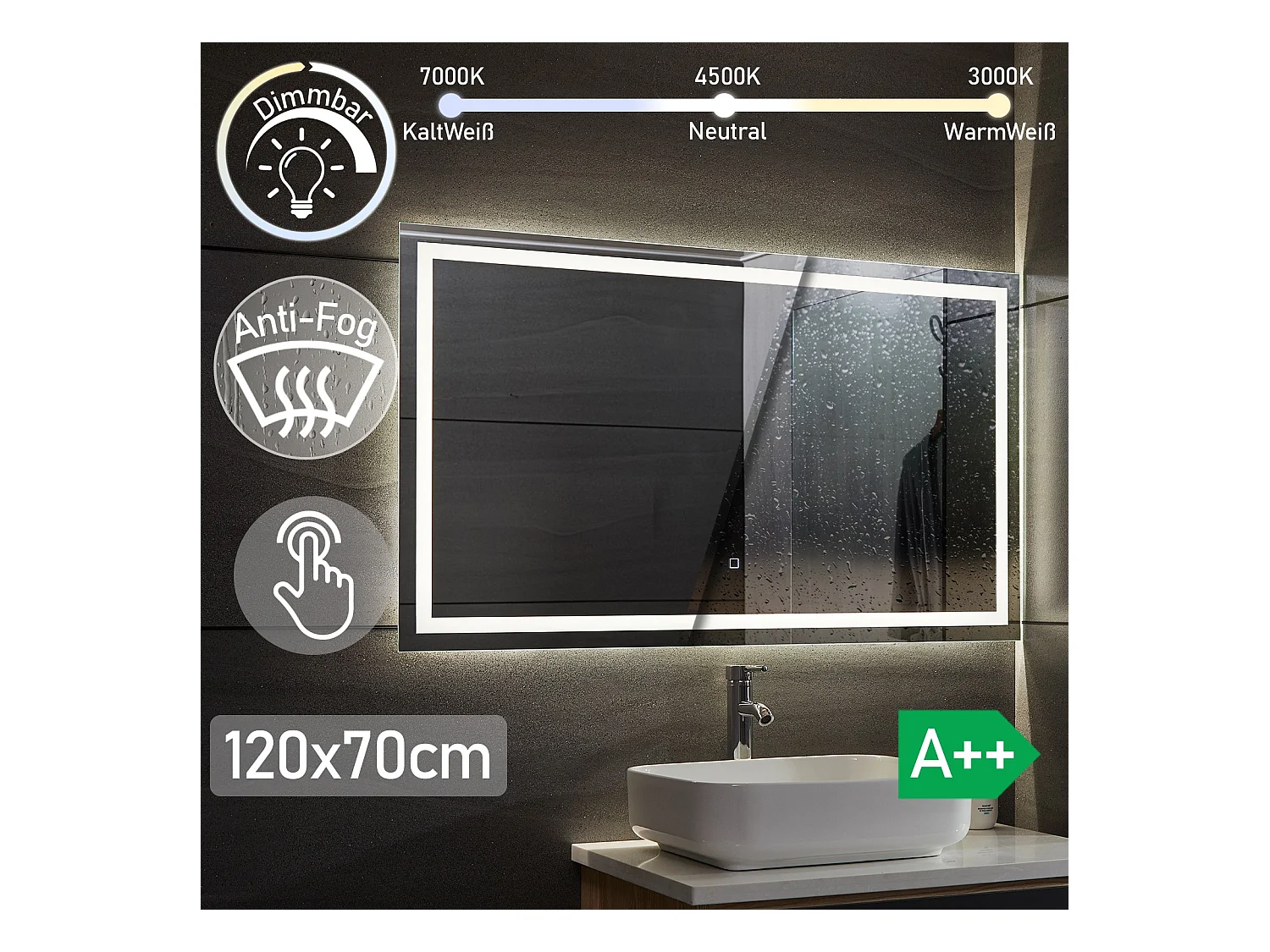 Led spiegel - 120x70 cm - met anti condens functie - dimbaar