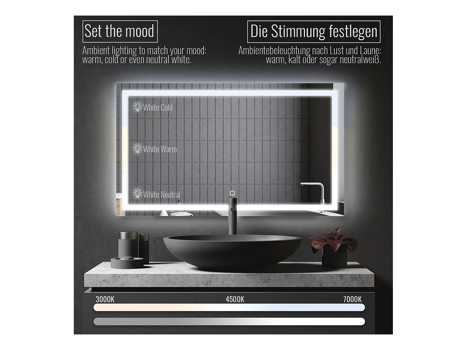 Miroir LED - 120x70 cm - avec fonction anti-condensation - dimmable