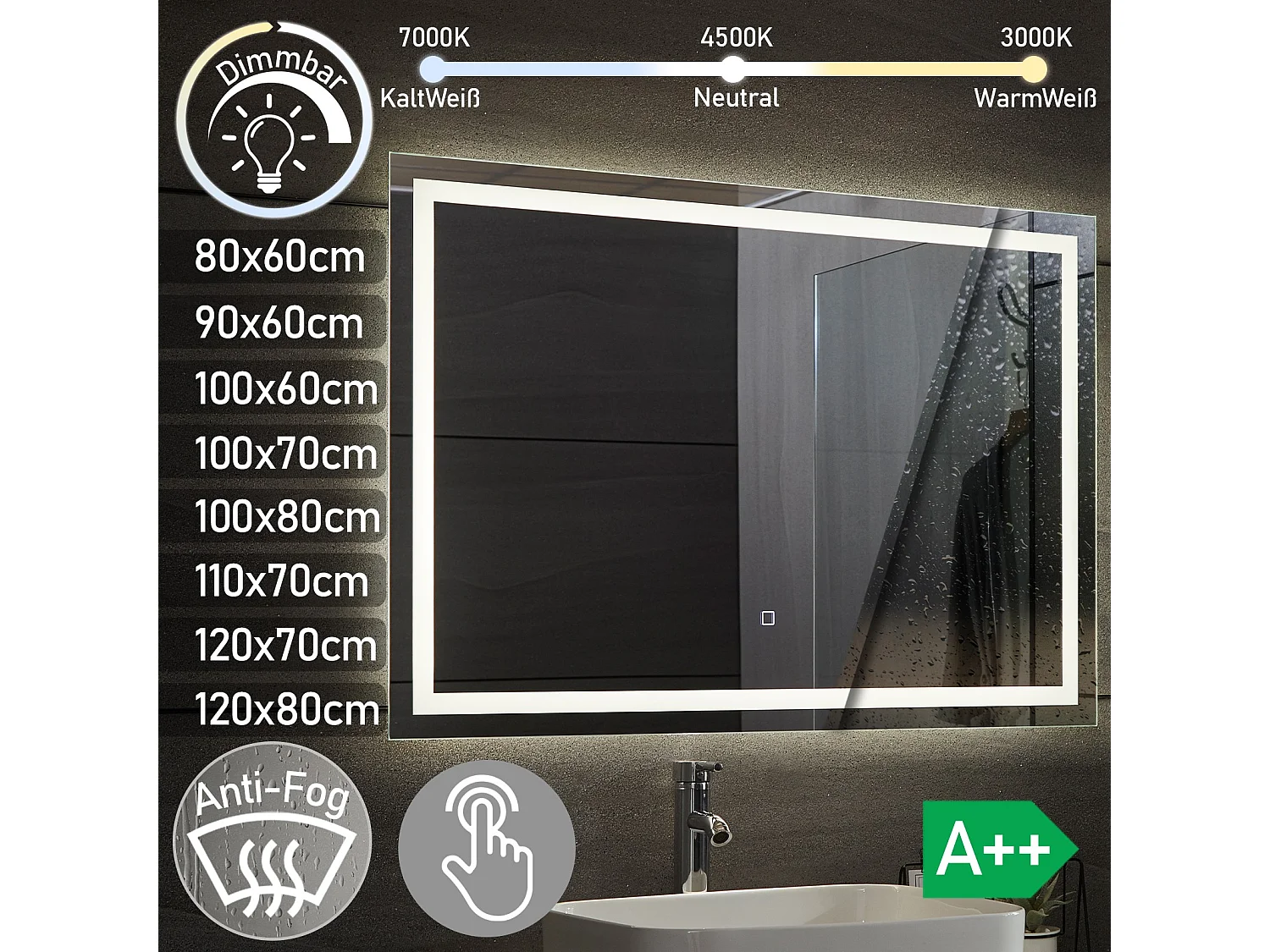 Led spiegel - 120x70 cm - met anti condens functie - dimbaar