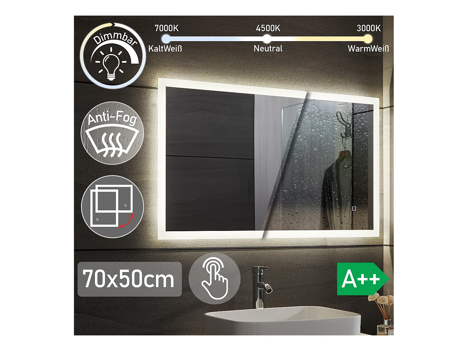 Led spiegel - 50x70 cm - met anti condens functie - dimbaar