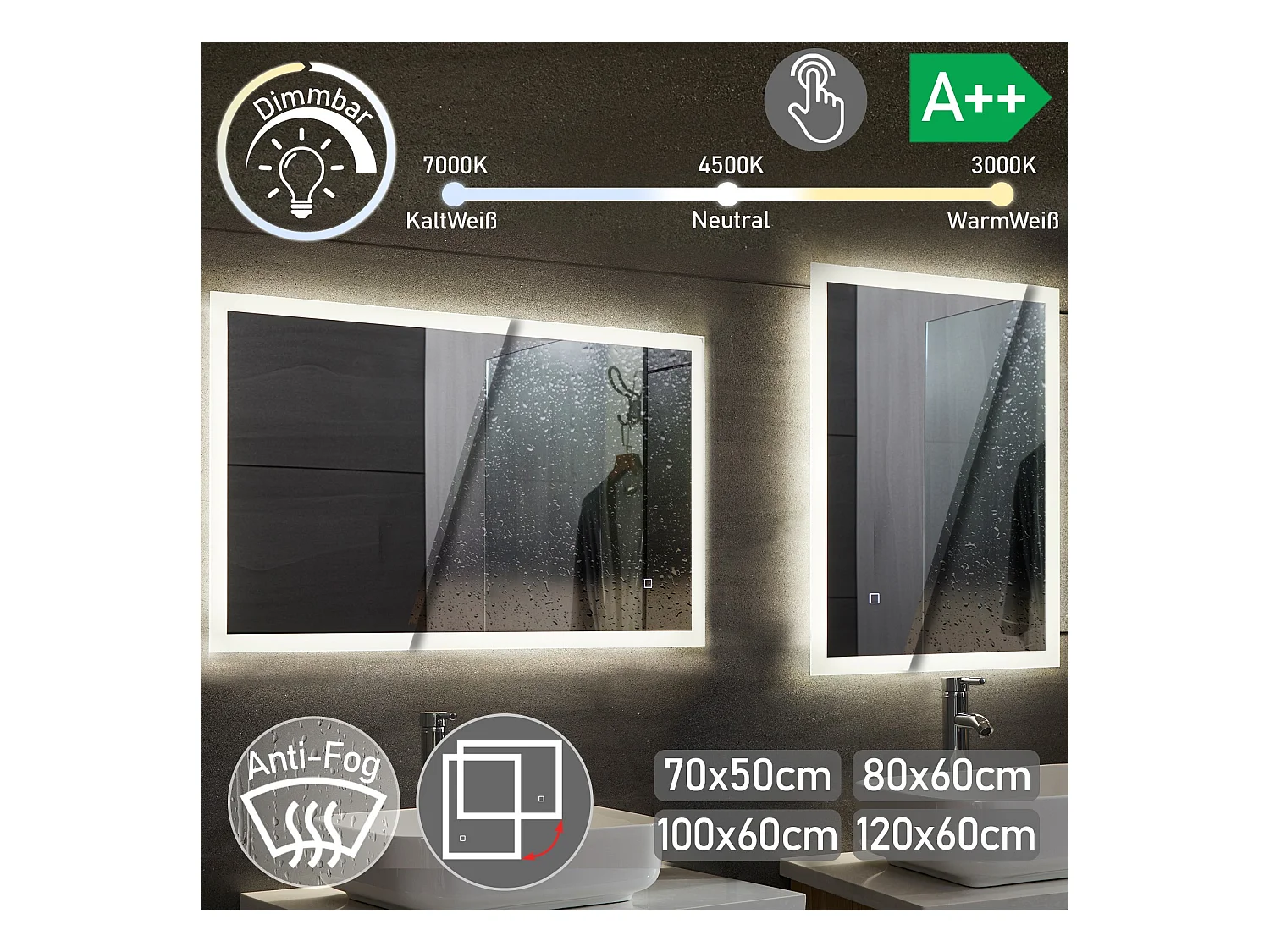 Led spiegel - 50x70 cm - met anti condens functie - dimbaar
