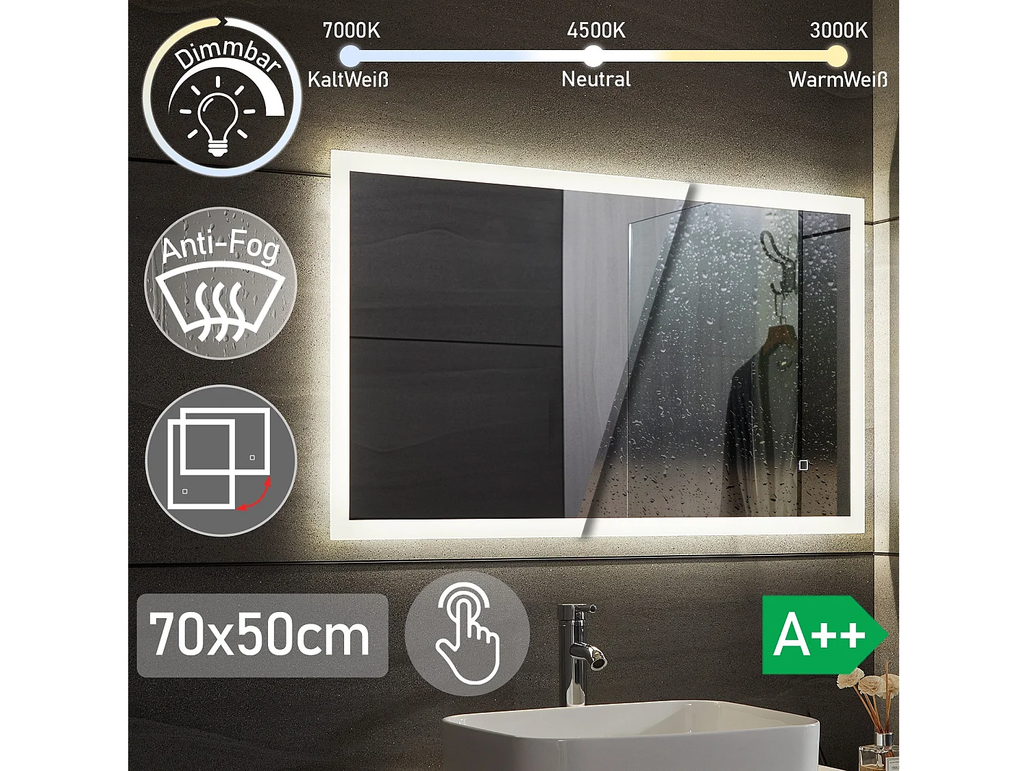 Miroir LED - 50x70 cm - avec fonction anti-condensation - dimmable